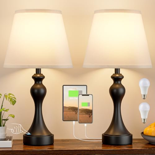 Aooshine Table Lamps for Living Room, Large Metal Bedside Lamp for Bedroom with USB A+C Ports, 3 Way Dimmable Bedside Lamps Set of 2, Modern Touch Beside Table Lamp with White Shade(Bulbs Included)