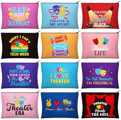 Reginary 12 Pcs Theater Makeup Bags Bulk Theater Gifts for Women Musical Broadway Cosmetic Bags Zipper Pouch Drama Comedy Tragedy Mask Gifts for Theatre Lovers Actors and Students