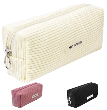 Sunbilien Pencil case,Corduroy Pencil Pouch,Stylish Simple Pen Bag with Practical Zip Makeup Bag Pencil Bag Stationery Pouch for Teenage Boys Girls School College (White)