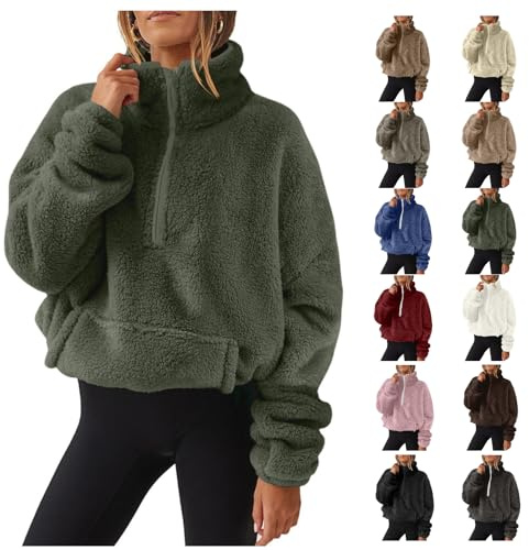 Fleece Jacket Women Long Sleeve Stand Collar Half Zip Teddy Fleece Tunic Tops Jumpers Pullover Tops Sweatshirts Loose Fit Casual Fluffy Fall Winter Warm Coats Green Xl