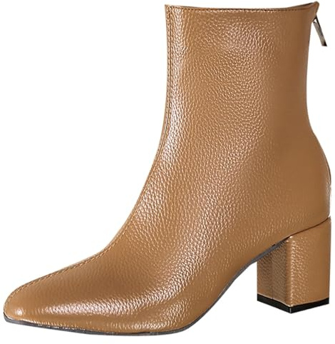 Bottines à talon compensé pour femme élégantes, bottes courtes, mi-mollet, fermeture éclair latérale, talon épais, bout carré, talon haut, bottines à talon pour femme élégantes, marron, 35 EU