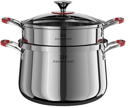 KPGRN 5 Qt Stainless Steel Stock Stew Pot with Steamer Insert and Glass Lid, 316 Thickened Clad for Fast Even Heating, Compatible with Gas Induction Ceramic Electric Halogen Stoves (2 Tier, 22cm)