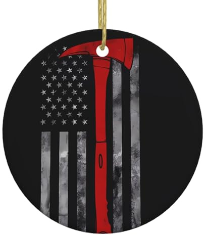 HYTTER Firefighter Axe Red Line Flag Printing Christmas Ceramic Round Pendant - 2.9in Equipped with a Durable Gold Wire Rope for Easy Hanging on Christmas Trees