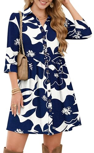 WNEEDU Robe Chemise Femme Ete Chic et Elegant Manche 3/4 Robe de Plage | Courte, avec poches, taille empire, les boutons peuvent être défait