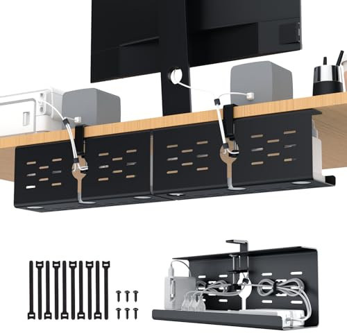 KEEGH Under Desk Cable Management Tray, 2 Pack No Drill Desk Cable Baskets Upgrade Capacity, Clamp/Screw Mount Cord Organiser Desk, Gaming/PC Cable Tidy Tray Cord Hiders for Home Office, Black