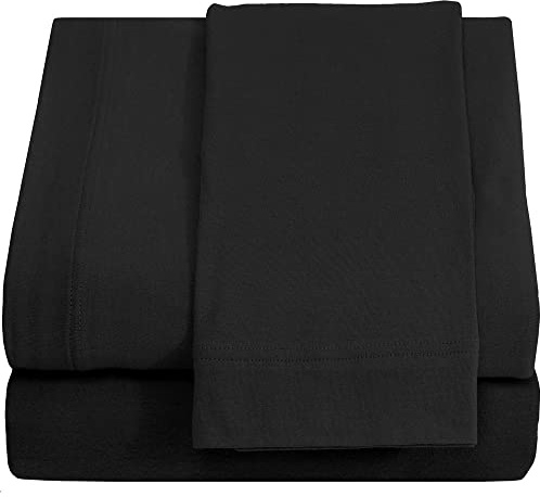 Twin XL Cotton Knit Jersey Sheet Set, 15 Deep Pocket, Black, 3PC