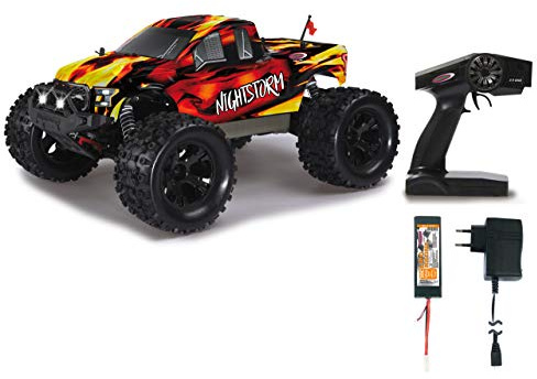 JAMARA 059737 - Nightstorm Monstertruck 1:10 BL 4WD Lipo 2,4GHz LED - Brushless Motor 3200KV, Regler 60 A, Wheelybar, Stahl Differntial/Welle/Achse, Elektronik spritzwassergeschützt, Ölstoßdämpfer