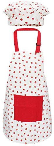Jennice House barn förkläde och kockhattset, söta barn bakförkläden med justerbar halsrem och fickor för pojkar och flickor matlagning bakning målning trädgårdsförkläden i 2 storlekar Small Red Strawberry