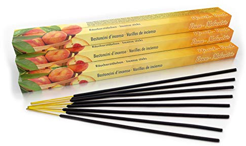Premium Räucherstäbchen Pfirsich: natürlich traditionell aus Indien in fairer Herstellung. Großpackung mit 10 Boxen = 80 Stück je 45min. Fruchtiger Obst-Duft