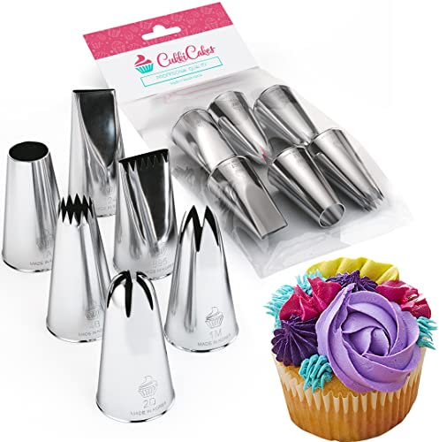 Cukkicakes Set di 6 Beccucci per Sac a Poche Grandi Professionali (1M, 2D, 4B, 1A, 124 e 895) per Decorare Cupcakes, Torte, Zeppole, Biscotti & Churros - Bocchette per Pasticceria prodotte in Corea