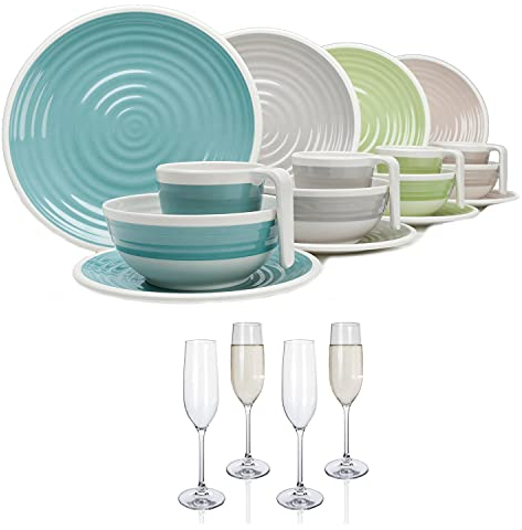Vaisselle de camping en mélamine pour 4 personnes Harmonie 16 pièces + 4 verres à champagne