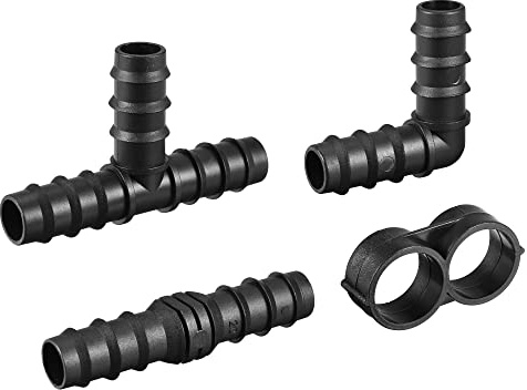 MECCANIXITY Irrigation Fittings Kit Barbed Connectors 19.5mm Barbed for 3/4 Inch Drip Tubing (Black, 6 Straight Barbs 6 Tee Barbs 2 Elbows 6 Stoppers)
