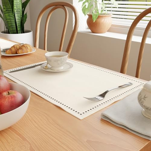 Encasa XO Juegos de Manteles de Mesa Set de 4 | Diseño de Hilo Bordado en Puro Algodón | Natural | Tamaño Rectangular 48x32 cm - Mantel Individual | Lavable a Máquina