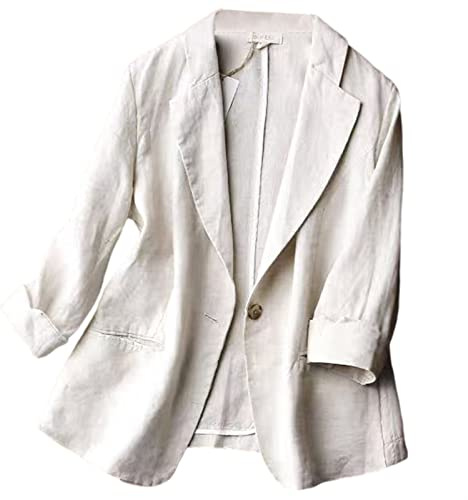 GIBZ Blazer da Donna Lino Elegante Casual con Un Bottone Manica 3/4 Cappotto Primavera, Beige, M