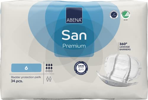 ABENA San 6 Premium Inkontinenzeinlagen MONATSPAKET (34 x 3 = 102 Stück) für Damen und Herren, 1600 ml Saugfähigkeit, schnell einziehende, diskrete und anatomische einlagen für Männer/Frauen