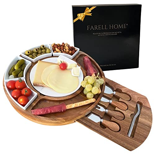 Farell Home® - Tagliere di formaggi e salumi, in legno d'acacia, vassoi completo per aperitivo, idee regalo.(Rotondo)