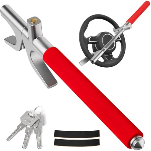 MONOJOY Steering Wheel Lock - Adjustable Antitheft Car Device Locks, Universal Volante Prevention Accessory, with 3 Keys and Escape Hammer for Truck SUV Van Security, Vehicle Immobilizer System