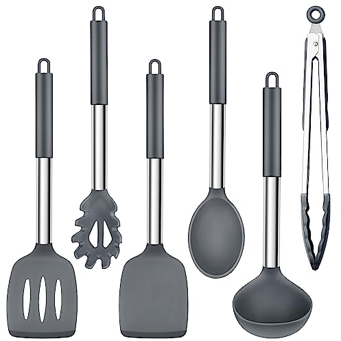 Herogo Kitchen Utensils Set, 6-Piece Silicone Cooking Utensil Set, Heat Resistant Stainless Steel Handle Cooking Tools, Non-Stick Silicone Spatula Turner Spoon Set, Easy to Clean – Grey