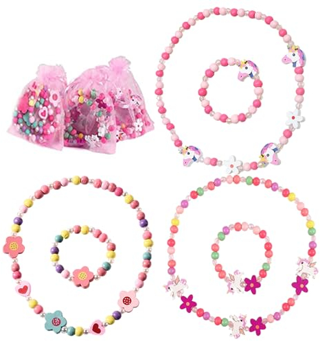SOETDERT 6 Stück Kinder Schmuck Mädchen, Einhorn Schmuck Set, Holz Bunte Kinder Schmuck, Einhörner Freundschaftsarmband Halskette und Armband, Einhorn Geschenke für Mädchen Ketten Party Mitgebsel
