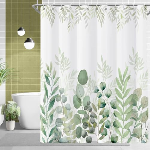 GKLEASG Sage Green Eucalyptus Shower Curtain Leaf Plant Herbs Spring Nature Waterproof Fabric Machine Washable with Hooks for Bathroom Bathtub Decor 72x72