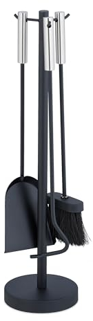 Relaxdays Juego de 4 Utensilios Color Negro Accesorios de Chimenea 4 Piezas, Atizador, Escoba, Pala y Soporte, Set de Estufa Moderno de Hierro, 57 x 14,5 cm