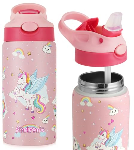 flintronic Gourde Isotherme Enfant, 350ML Gourde Enfant, Bouteille pour Boisson Chaude ou Froide avec Paille, Anti-fuite, Sans BPA Tritan, Reutilisable pour l'école, Les Maternelle et la Sports