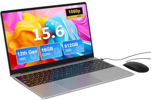 15.6 Inch Laptop, Quad-Core N95 Processor Up to 3.4GHz (Beat N5095) Laptop Computer, 16GB DDR4 512GB SSD FHD Display Win11 Notebook Computers with Mouse Support 5G WiFi/BT5.0/Type-C/USB/HDMI