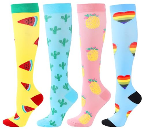 BISOUSOX 4 Pares Medias Calcetines de Compresión Mujer Hombre 15-20 mmHg Calcetines de Compresión Hasta la Rodilla Unisexo Calcetines de Ciclismo Correr Deporte Regalos para Mujeres Embarazadas