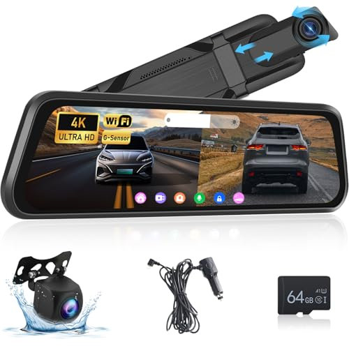 4K Spiegel Dashcam mit 1080P Backup Kamera - 9,66 Zoll Touchscreen Rückfahrkamera Spiegel Unterstützung Parken Überwachung BSD Loop Recording G-Senors WiFi 150°Wide Angle + 64GB SD Karte