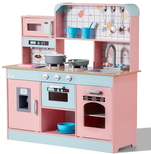 VEVOR Kinderküchen, Spielküche mit Lichtern und Geräuschen, Kleinkinderküche mit Eismaschine, Ofen, Spüle, Mikrowelle, Kühlschrank und Utensilien- und Obstzubehör für Kleinkinder ab 3 Jahren, Pink