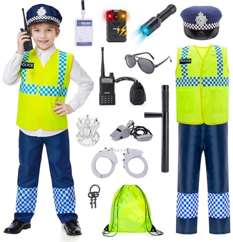 WIKITOT Police Costume Kids,Boys Dress up with 14 Pcs Police Toys for Kids Aged 3 to 7 Years Old, Fancy Role Play Toys for Kids & Toddlers Gifts