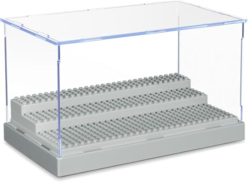 Evereden Minifigure Display Case, Display Case for Minifigure Action Figures Blocks, Acrylic Display Case for Figures Dustproof with 3 Movable Steps (Gray)