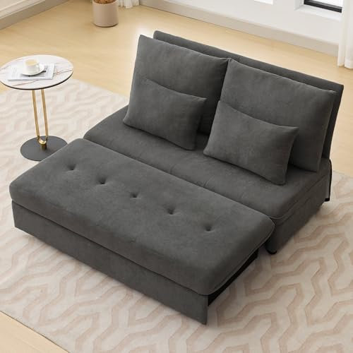 Gegtuon Schlafsofa Sofa mit Schlaffunktion, 2 Sitzer Couch Schlafcouch Rückenlehne Bett mit Ausziehbar Unterbett Aufbewahrungsbox, Modern Wohnzimmer Klappbares Bettsofa mit Armlehnen, Chenille (Grau)