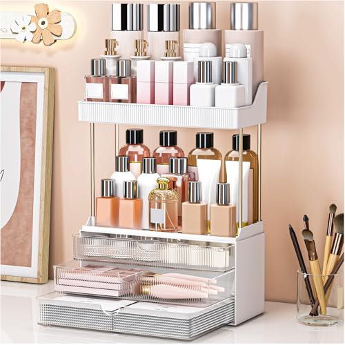 Storivo Makeup Organiser, 3 Tier Drawer, Cosmetics Organiser, Versatile Cosmetic Storage, Large Vanity Organiser, Dressing Table Organiser, Anti-Slip Design, Countertop Bathroom Storage, Clear