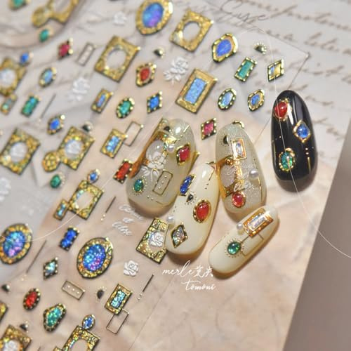 5D Embossed Gold Nail Art Stickers Gem Nail Stickers Gold Frame Nail Decals Gemstone Pearl Crystal Diamond Nail Decals Self-Adhesive Baroque Nail Art Supplies for Women Girls DIY Manicure 1 Sheet