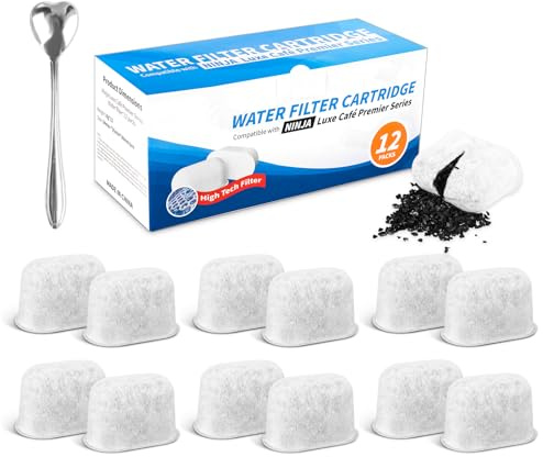 Kuvarix 12 Stück Wasserfilter Kompatibel mit Ninja Kaffeemaschine mit 1 Herzförmiger Kleiner Löffel, Ersatz-Aktivkohlefilter aus Kokosnussschale, für Reinigt Wasser und Verbessert den Kaffeegeschmack