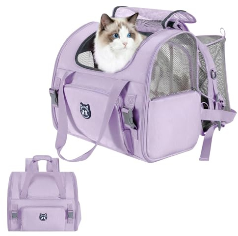 Lollimeow Expandable Cat Carrier Backpack for Large Cats - Airline Approved Pet Carrier Backpack for Small Dogs, Hiking & Travel, Waterproof with Breathable Mesh, 22lbs Capacity (Lavender, Large)