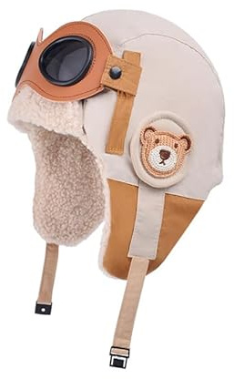 Waltonalice Fliegermütze Kinder Pilotenmütze Schutzbrille wintermütze mit Ohrenklappen Trapper mütze Fliegerkostüm Ski Trooper Winter Cap mütze für Outdoor Skifahren Beige