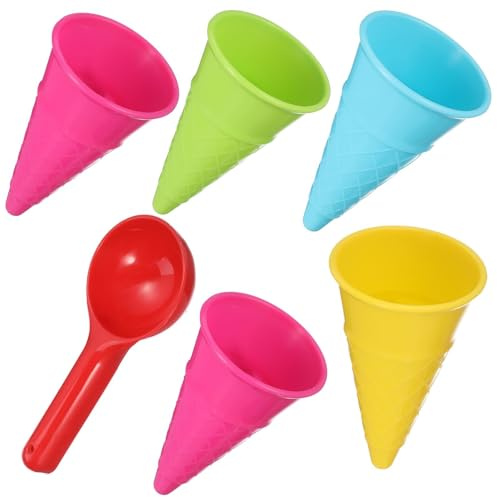 HEMOTON Lot de 6 Set de Jouets de Plage en Plastique pour Garçon et Filles, 5 Cornets de Glace Colorés et 1 Pelle à Glace, pour Bac à Sable et Jeux D’extérieur, Légers Couleur Aléatoire