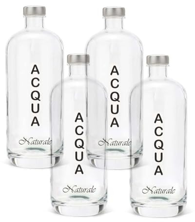 BrandPrint Set di 4 Bottiglie in Vetro Modello ARTEMIDE, 750 ml, Serigrafia 4 Naturale, Tappo a Vite colore Argento | Bottiglia Vetro Acqua