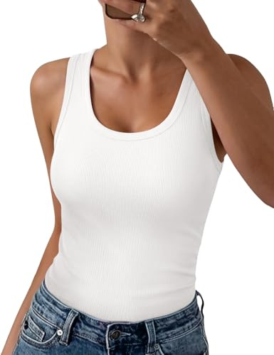 Fashora Débardeur Femme Été sans Manche Col U Top Chic et Élégant Côtelé Tank Tops Slim Fit Sexy T Shirt Extensible Basic Décontracté Haut
