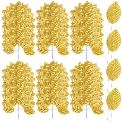 RAHHLIZS 200 Pcs Artificial Gold Leaves for Crafts Golden Leaves with Stems | Golden Artificial Leaves with Stems, Single Leaf Gold for Corsage Wedding Party Decor, DIY Wreath Bouquet Crafts