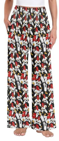 decor gift Pantalon large avec poches pour femme - Taille haute - Kung Fu - Coq - Pour le travail et le bureau, Coq de poulet Kung Fu amusant, Taille M