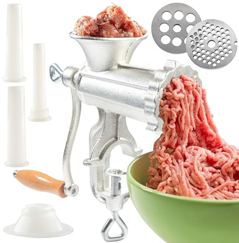 Meat Grinder w Tabletop Clamp & 2 Cutting Disks, Cast Iron Heavy Duty Sausage Maker & Manual Meat Mincer- Homemade Burger Patties, Ground Beef & More, Portable Holiday Cooking, Kitchen Essential Gift