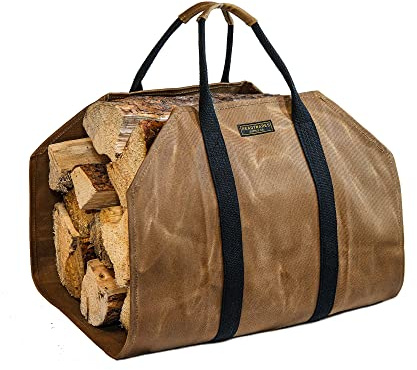 Readywares Waxed Canvas Firewood Carrier, Heavy Duty Log Carrier for Firewood, Wood Carrier for Firewood, Firewood Bag, Great Gift for Cabin, Firewood Carrier with Handles, Classic Durable Design Tan