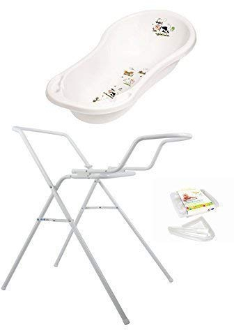 Baby Badewanne XXL 100 cm Funny Farm weiß + Badewannenständer + Ablaufschlauch