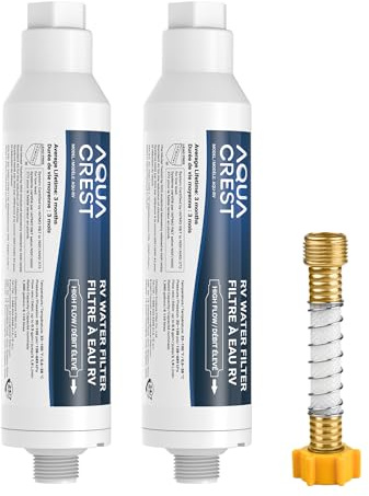 AQUA CREST RV Inline Water Filter with Hose Protector, NSF Certified, Reduces Chlorine, Bad Taste&Odor for RVs and Marines, Drinking & Washing Filter with 1 Flexible Hose Protector