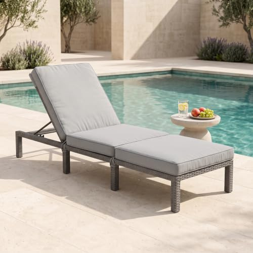 EVRE Patio Rattan Sun Lounger Sun Bed Outdoor Garden Wicker Weave Reclining Day Bed with Adjustable Backrest, Padded Cushions (Grey) | Adjustable Garden Sun Lounger, Outdoor Patio Reclining Day Bed with PE Wicker Weave, Steel Frame & 5 Backrest Positions.