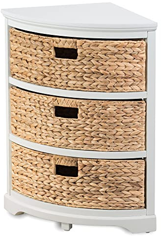 eHemco Hampton Meadows 3 Tier X-Side Corner Table Storage Cabinet with 3 Wicker Baskets, White