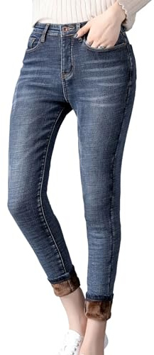SKYWPOJU Pantalon d'hiver en jean thermo femme Pantalon en thermo legging avec intérieur en molleton Pantalon d'hiver Jean rembourré chaud Pantalon droit avec large bande élastique Jeans en molleton t